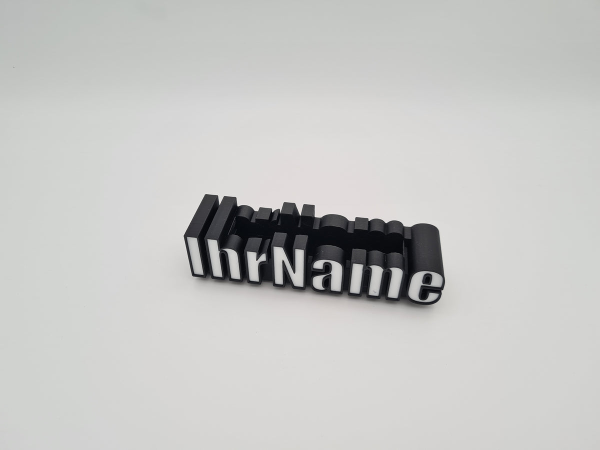 Personalisierter Visitenkartenhalter mit Namensschriftzug, weiße Füllfarbe (als Sonderfarbe erhältlich), Rahmen schwarz – aus PLA, 3D-Druck von print3design