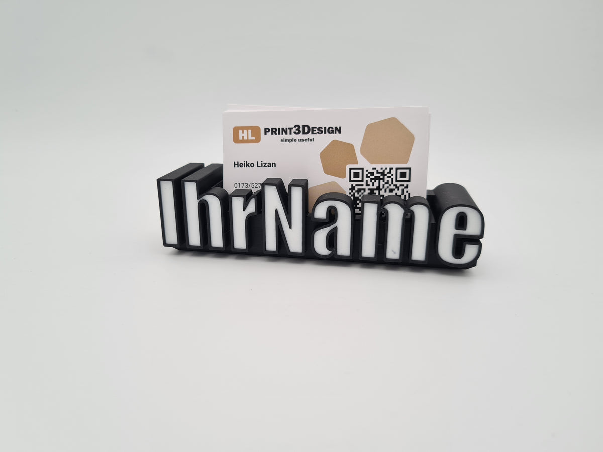 Personalisierter Visitenkartenhalter mit Schriftzug und Visitenkarte, weiße Füllfarbe (als Sonderfarbe erhältlich), Rahmen schwarz – aus PLA, 3D-Druck von print3design