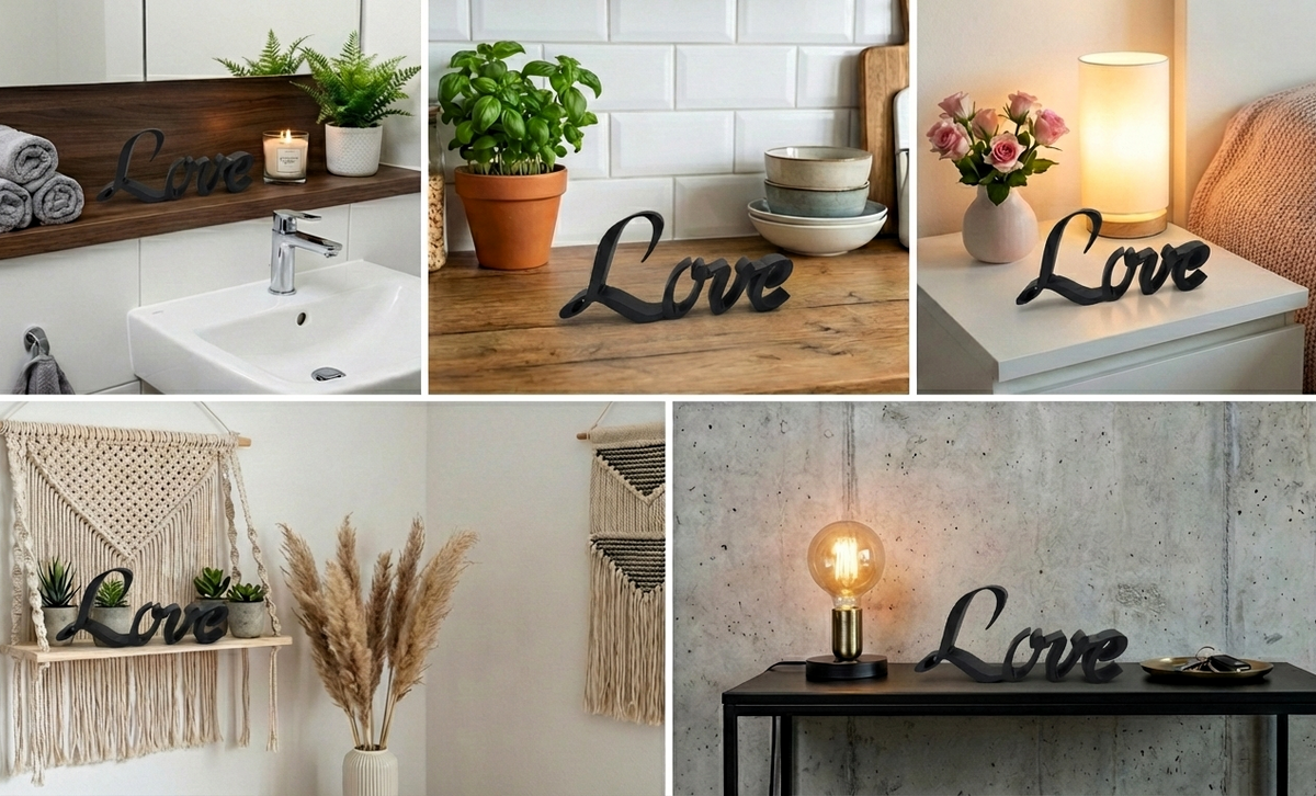 3D-gedruckter Deko-Schriftzug „Love“ aus mattem PLA, dekoriert – Wanddeko von print3design
