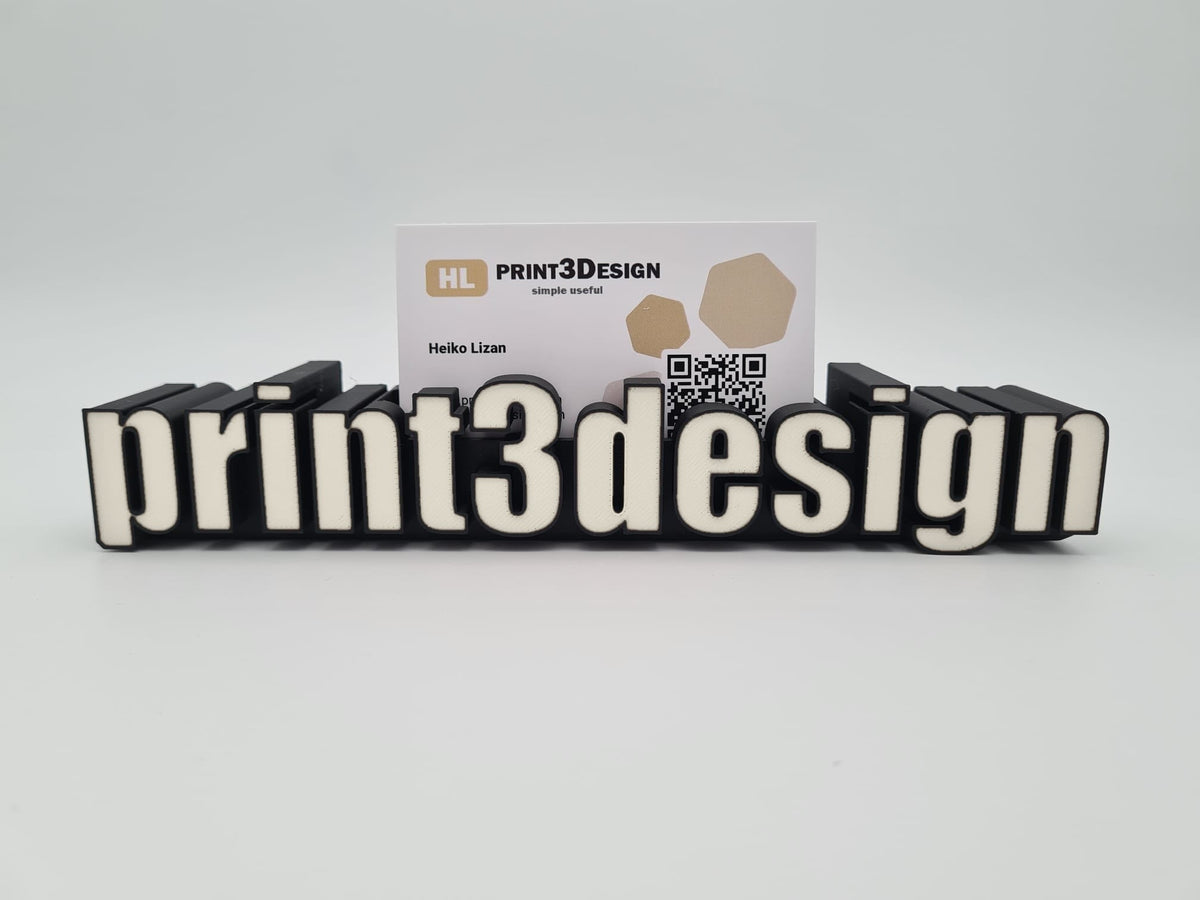 Personalisierter Visitenkartenhalter mit Schriftzug und Visitenkarte, Füllfarbe Bone White, Rahmen schwarz – aus mattem PLA, 3D-Druck von print3design